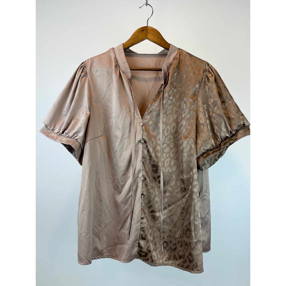 SHEIN Curve‎ Blouse Women 4XL Mauve Leopard Print Satin Puff Sleeve Top Chic - Picture 3 of 11